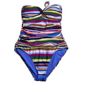 Anne Cole Womens Multi Color Striped Ruched Bandeau One Piece Swimsuit Size 10